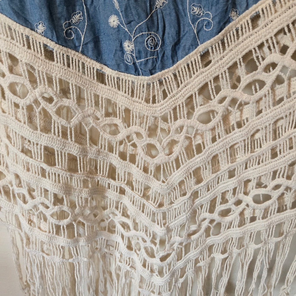 Cacia Womens 1X Boho Swim Coverup Blue Crochet Butterfly Embroidered Fringe - Picture 4 of 7